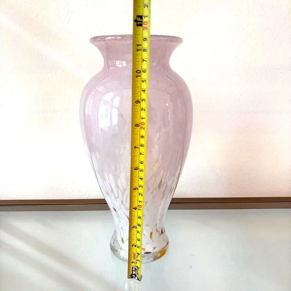 Murano Style Art Glass Vase 11.5in Pastel Pink White Speckled Gold Accents NEW